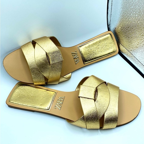 Zara Metallic Gold Cross Strap Women's Sandals Size EU 39 US 9 - Picture 8 of 13